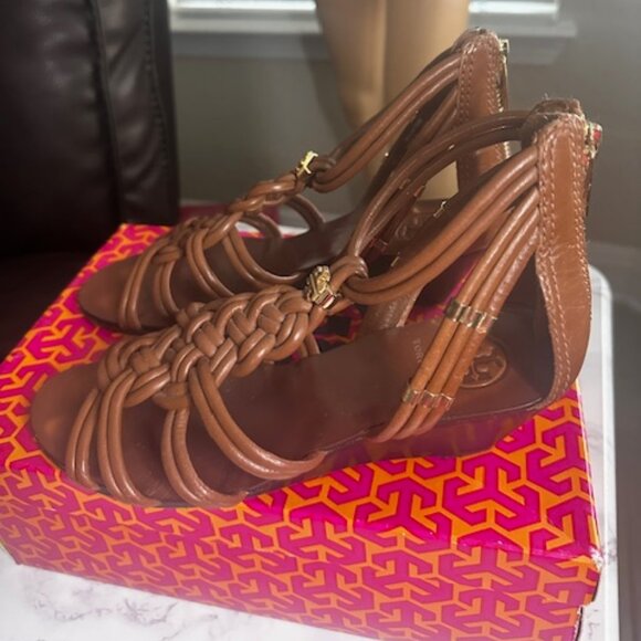 Tory Burch Brown Leather Woven Strappy Small Wedge Sandals Sz 8 - Picture 7 of 10